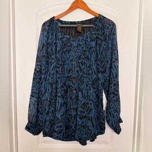 Grace Elements Blue/Blck Animal Print Long Sleeve Roll-Up Tab Blouse Size XL